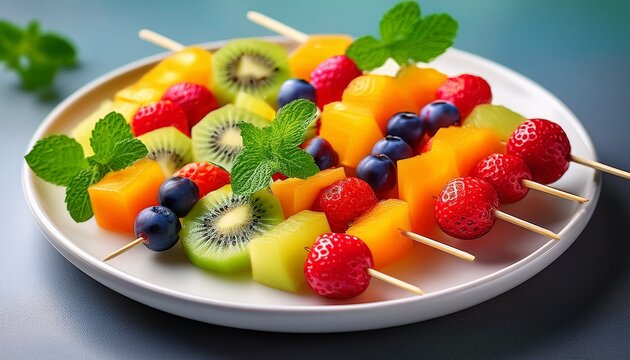 colorful fruit skewers with mint on white plate ai generation