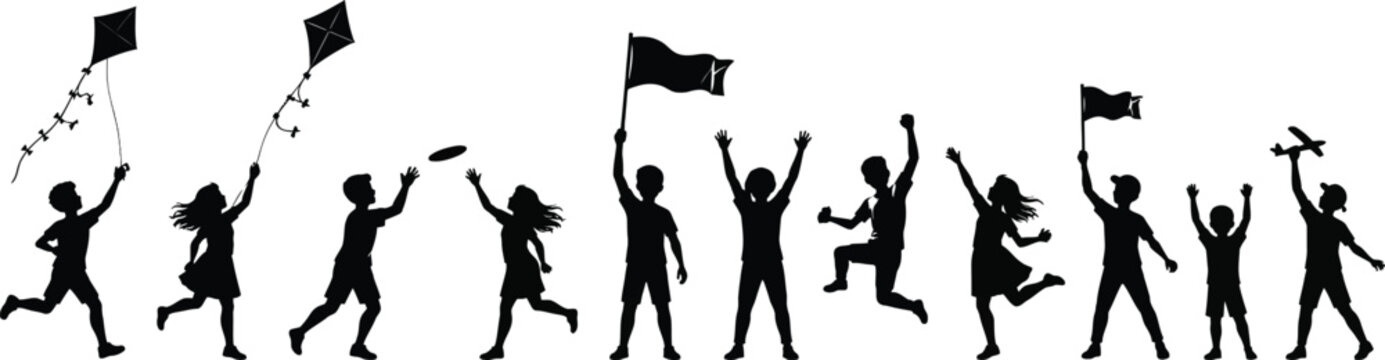 Children silhouettes playing with kites flags and a frisbee vector illustration