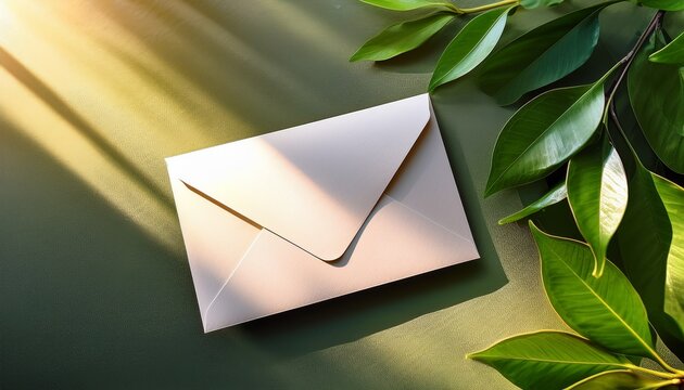 blank envelope mockup with natural sunlight and green leaves