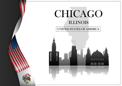 Chicago Illinois skyline with US flag ribbon and city silhouette on light background. Text says Chicago Illinois, United States of America. Vector illustration