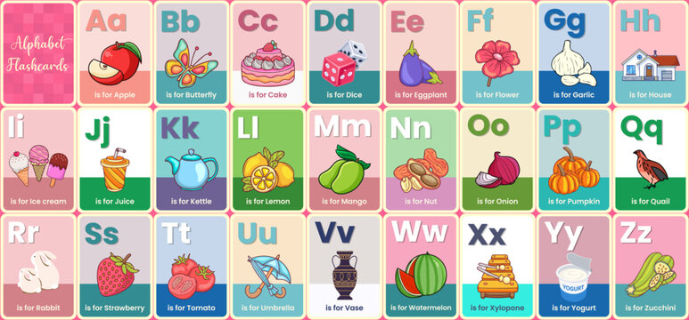 Colorful English alphabet flashcards for kids learning ABCs. Educational alphabet chart with illustrations and vocabulary words for print, preschool, homeschool, kindergarten, nursery, classroom.