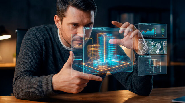 Architect interacting with holographic building model showing energy efficiency data