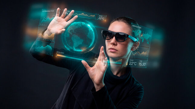 Woman wearing smart glasses interacting with holographic globe and data interface