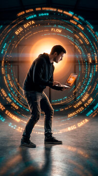 Man using laptop surrounded by glowing big data analysis hologram in dark warehouse