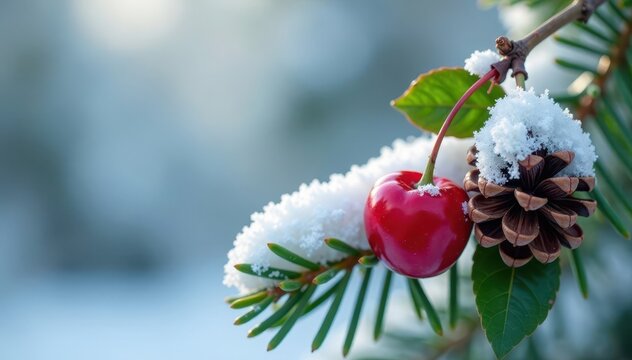 Single red cherry berry on a snow-covered branch with pinecones and holly leaves, Christmas, snowflake, holly