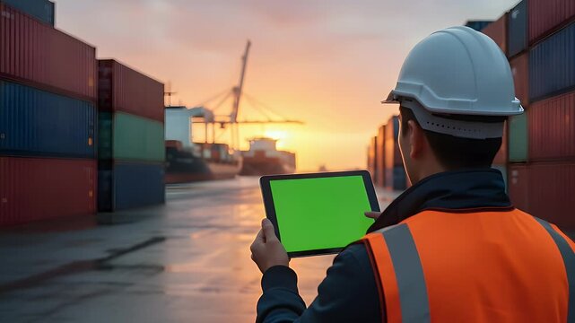 Professional logistics manager in a safety helmet stands at a large shipping port holding a digital tablet with a green screen interface for reviewing complex supply chain data