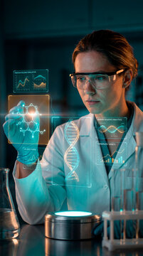 Scientist studying holographic molecule and genome data interface in research laboratory