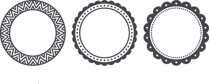 Set of three decorative empty circular frames with various border designs