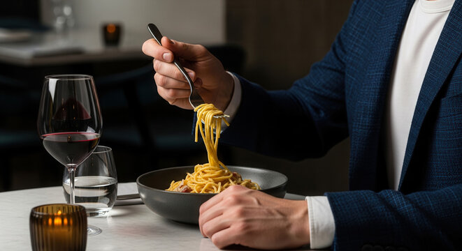 Man eating pasta with fork and wine in restaurant