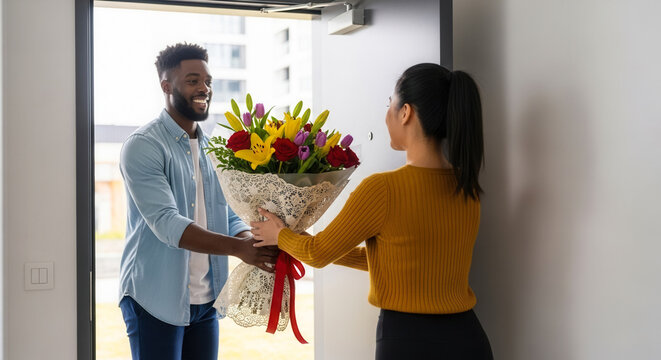 Man delivers bouquet of flowers to woman at doorway