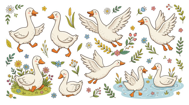 Cute hand drawn geese in various poses with floral elements