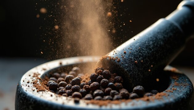 Whole peppercorns crushed in stone mortar with pestle, releasing aromatic dust. Preparing spice for cooking, adding flavor and taste to food. A kitchen preparation.