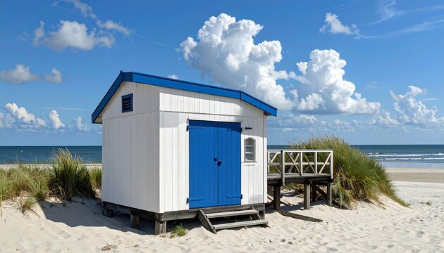 A charming, white beach hut with blue doors and roof sits on a sandy shore under a bright blue sky with fluffy white clouds