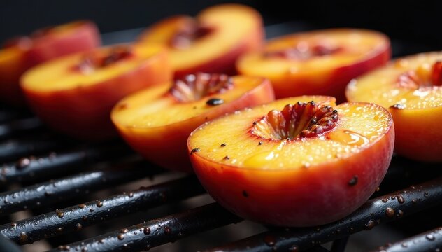 Sliced peaches on a grill grate with caramelized stripes, grilled peaches, grill, charred stripes