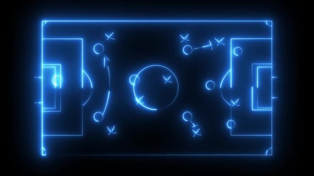 Multi-Use Playfield aerial ,neon light Aerial view of a multi-use playfield with soccer and lacrosse. batting cages, skateboard park and softball fields with lights. black background 4k video