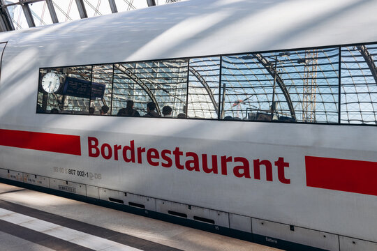 Berlin, Germany - April 22, 2026: Deutsche Bahn Intercity Express (ICE) Bordrestaurant carriage standing at a platform inside Berlin Central Station (Berlin Hauptbahnhof).