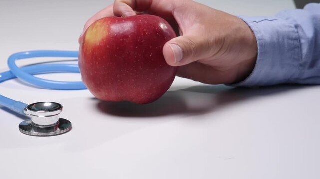Red apple and blue medical stethoscope on a white surface, symbolizing wellness, preventive healthcare, and the importance of good nutrition for a healthy lifestyle