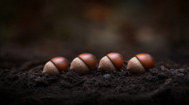 Scattered Brown Acorns Nestled on Dark Soil v2