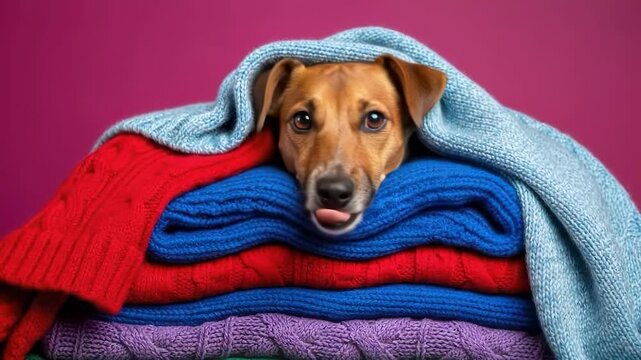 Cute dog resting on a stack of colorful knitted sweaters