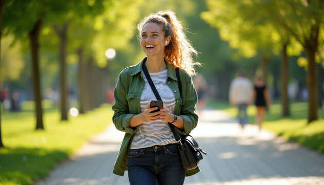Young woman smiles while walking in sunny park with smartphone. She wears casual clothes and wireless earbuds, enjoying a pleasant day outdoors. People stroll on path in background.