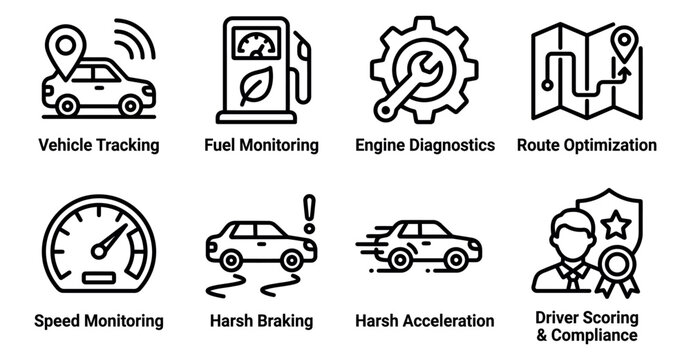 Set of black line icons for fleet management vehicle tracking fuel monitoring and driver performance data Minimal icon set bundle collection. Editable Vector Illustration Mega pack