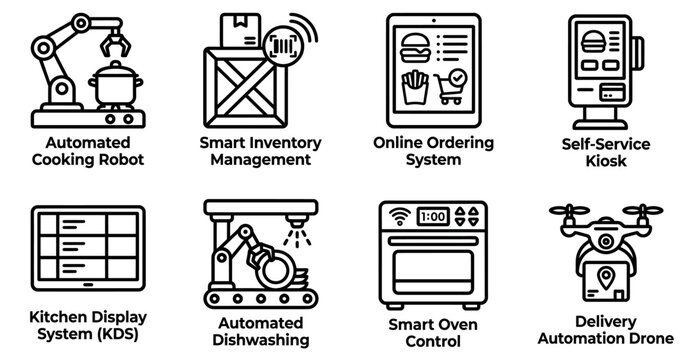 Set of modern technology icons for restaurant kitchen automation systems and smart food delivery services Minimal icon set bundle collection. Editable Vector Illustration Mega pack