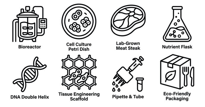 Set of lab grown meat and cellular agriculture icons featuring bioreactor and petri dish line art Minimal icon set bundle collection. Editable Vector Illustration Mega pack