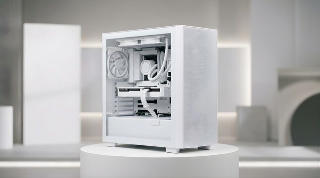White gaming desktop computer tower with glass side panel and intricate patterned front ventilation for cooling airflow