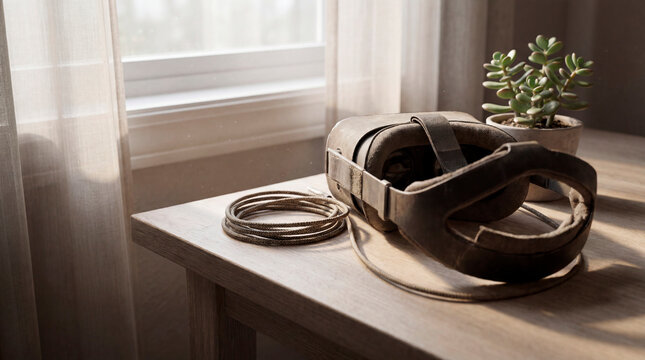 Vintage virtual reality headset with coiled cable and succulent on sunlit wooden table