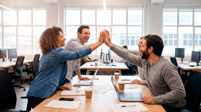 Business team celebrating success with high five at desk in bright modern office