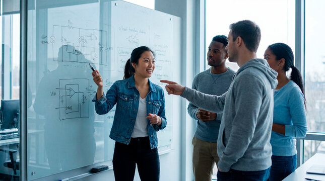 Female engineer explaining circuit diagram on glass board to diverse tech team