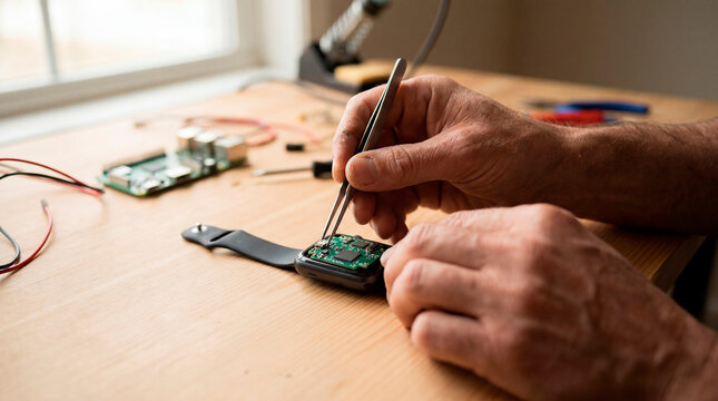 Close up of hands repairing smartwatch circuit board with tweezers at workbench