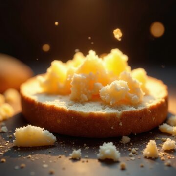 Softly glowing warm light falls on torn bread fragments, freshness, baking, bread