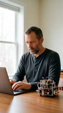 Focused man working on laptop beside robotics kit at home electronics workbench