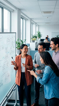 Female manager presenting workflow diagram on whiteboard to diverse office team