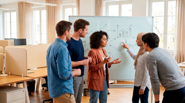 Diverse business team discussing data charts on whiteboard in bright modern office