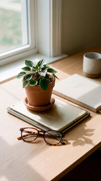 Minimalist workspace with tablet potted plant and eyeglasses on sunlit wooden desk