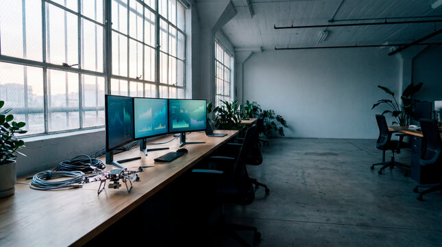 Industrial loft office workspace with dual monitors and drone by large windows