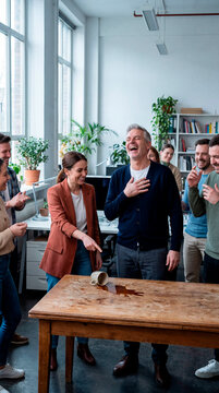 Diverse coworkers laughing during coffee break in bright modern office lounge