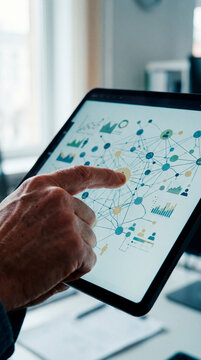 Senior hand pointing at network data visualization on tablet in bright office