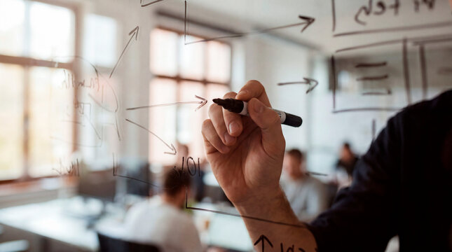 Businessman drawing strategy diagram on glass board in bright modern office