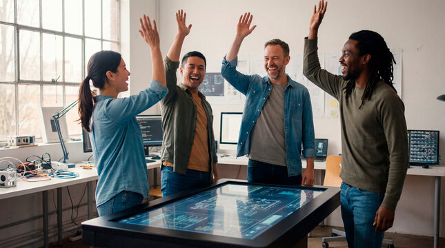 Engineering team celebrating with high five around interactive touchscreen display
