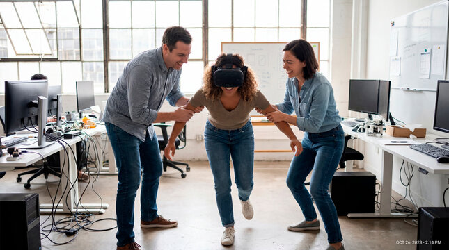 Coworkers helping colleague balance while using virtual reality headset in office
