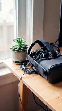 Black virtual reality headset with coiled cable and succulent on wooden desk