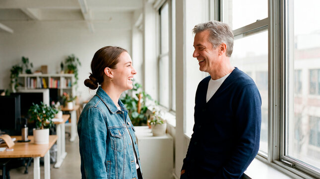 Two colleagues chatting and laughing by office window in bright modern workspace