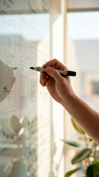 Designer sketching app wireframe on glass board in bright sunlit office studio