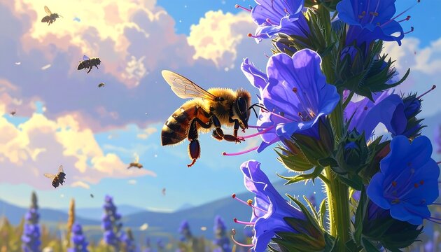 A close-up view of a honeybee pollinating a cluster of vibrant purple wildflowers. Other bees fly nearby. The sun shines