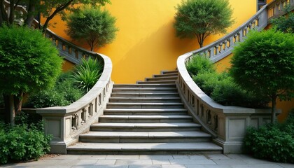 Fototapeta premium Curving stone stairs ascend against a vibrant yellow building wall. Rich green plants and trees frame the pathway. This architectural element offers a sense of journey and natural beauty.
