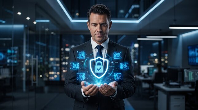 Blockchain security solution. Secure data encryption and protection for networks. Businessman holding shield hologram with check mark.
