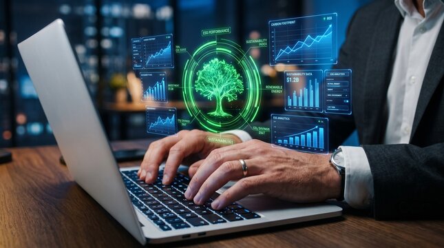 Sustainability analytics for ESG strategy. Graphs and charts of environmental climate change mitigation efforts. Businessman using analytics dashboard on laptop computer.